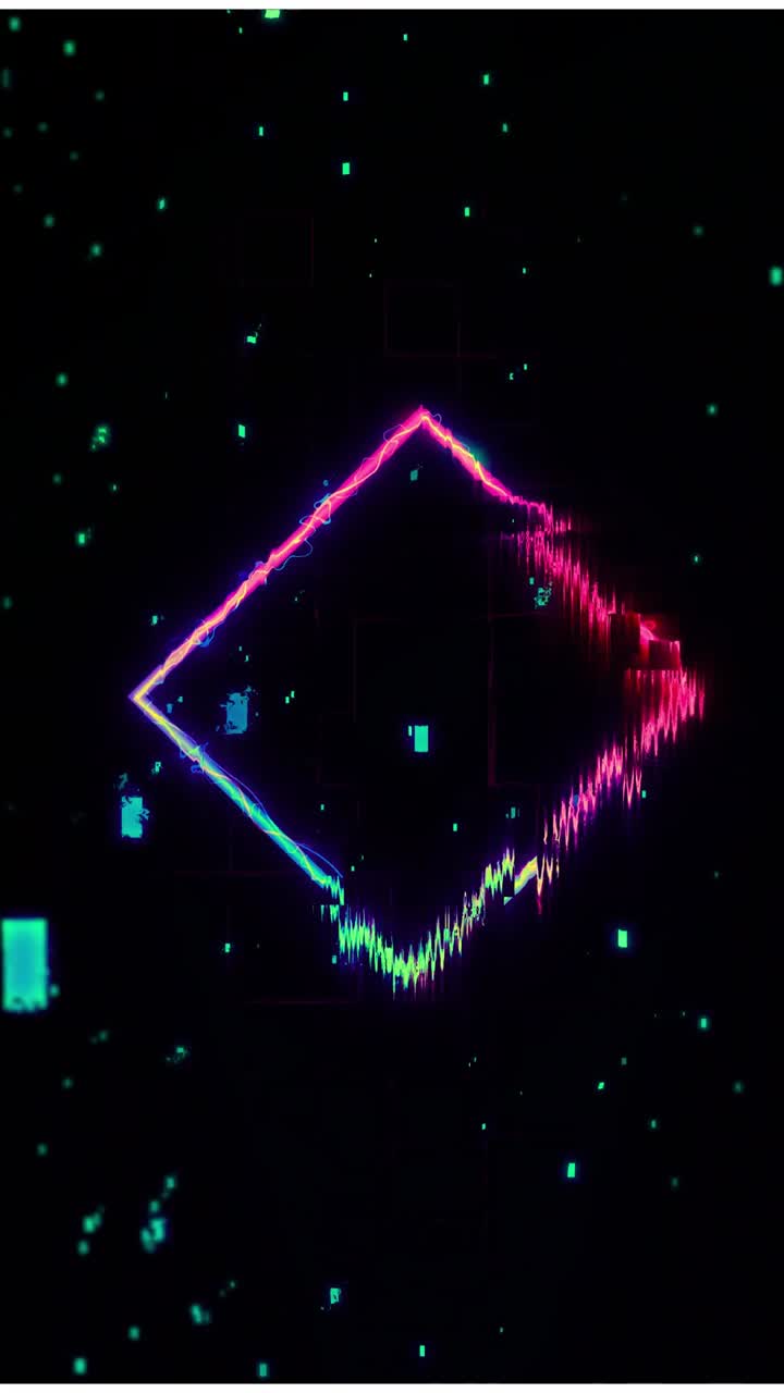 Forma de Losango Glitch de Néon com Partículas Digitais em Fundo Preto