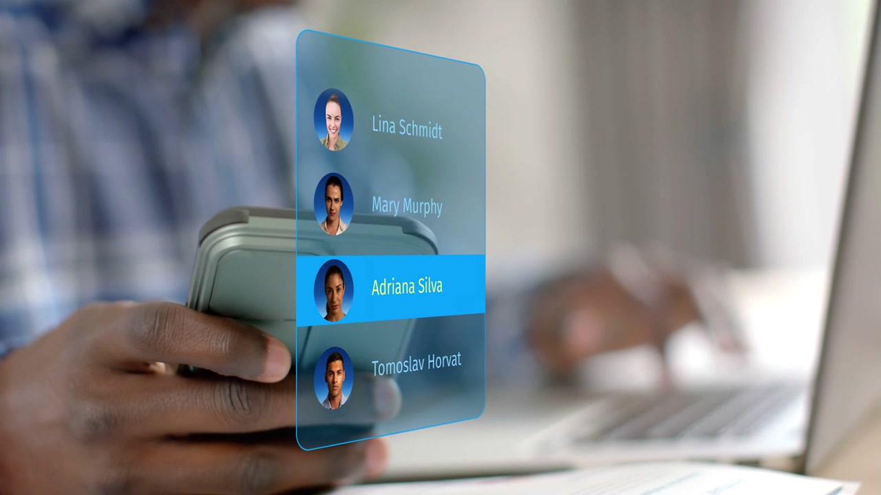 Man scrolling phone contact list in tech, floating UI cycling and selecting Mary Murphy to call