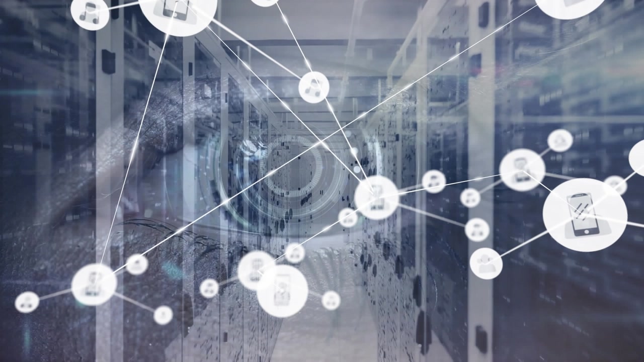 Animation of connected icons and circular tunnel in human eye, bars over and server room