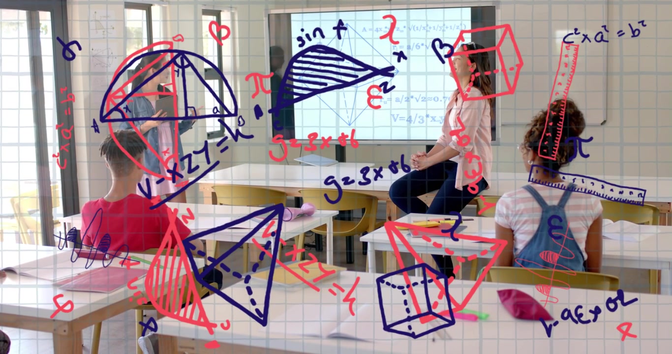Teacher raising hand pointing at screen as doodles overlaying marking math graphs and class noting