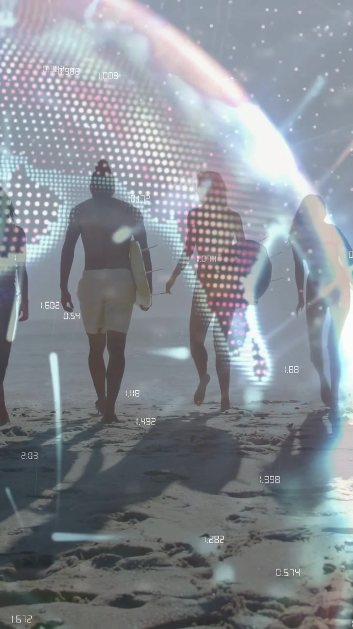Vertical video: Group walking shore leaving footprints one holding board while tech globe obscuring
