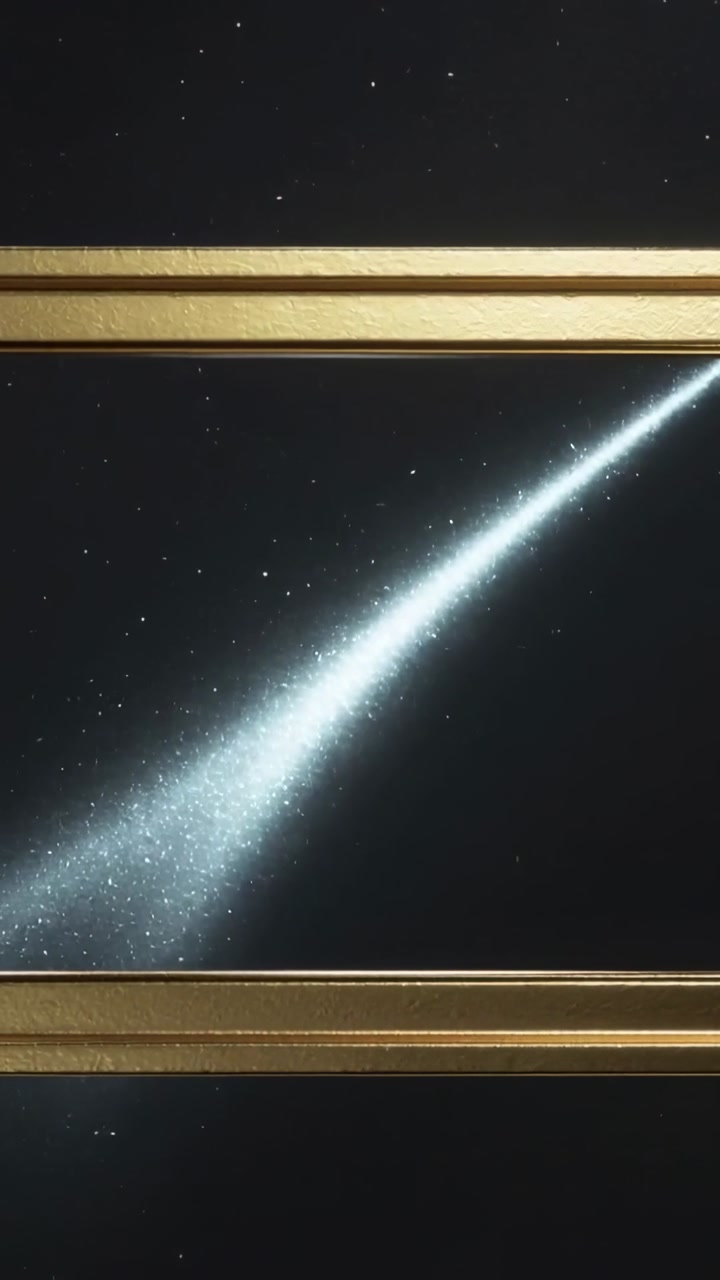 Vertical video: Entering streak from right milky arc, crossing stars amid gold bars, creating title