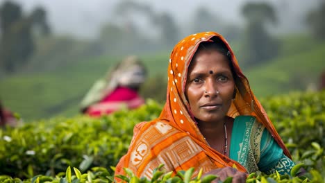 indian woman dressed in a vibrant orange sari and adorned with a bindi, collecting tea leaves in a lush plantation, surrounded by fellow workers in the scenic countryside of india