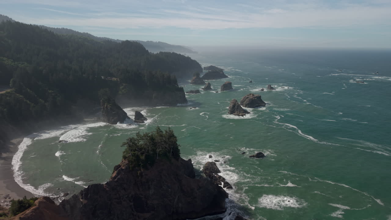 Sea Stacks near Brookings at the Oregon Coast. Drone pullback shot