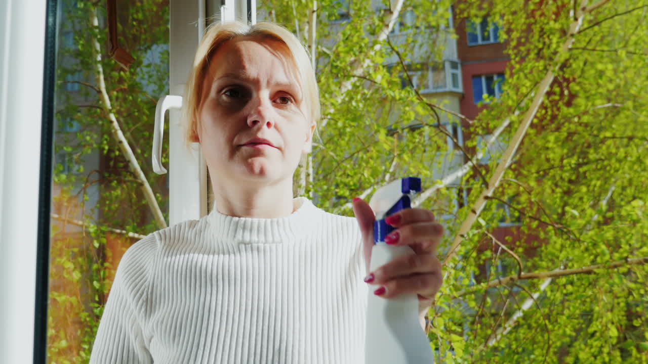 젊은 여자가 아파트에서 창문을 닦는다 1