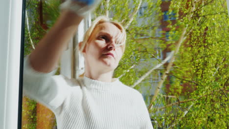 a young woman washes a window in her apartment 1