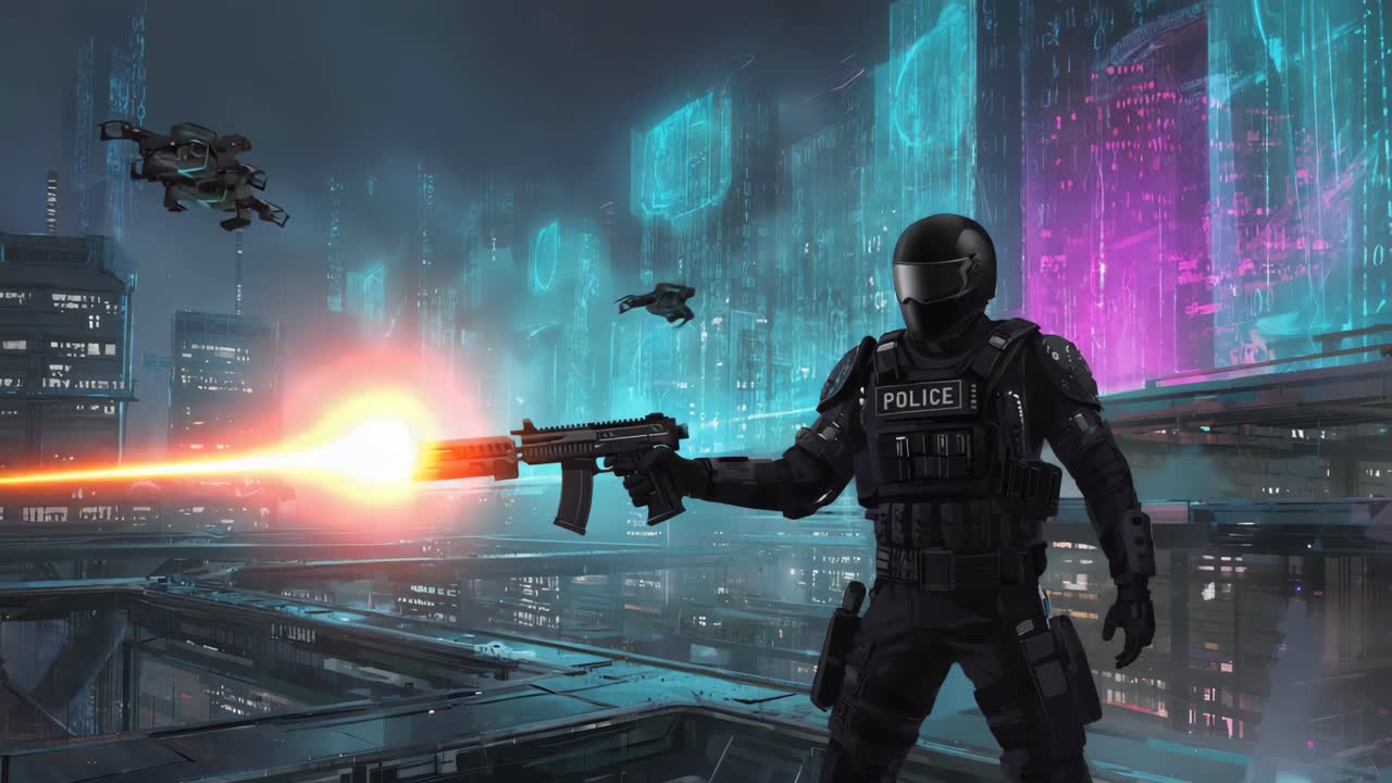 Futuristic Police Officer in Cyberpunk Cityscape