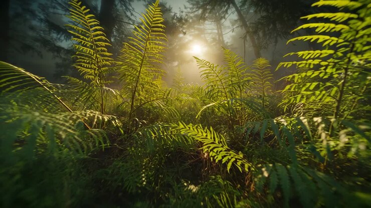 Camera dolly starting pushing forward upward through mossy forest floor revealing lit fern cluster