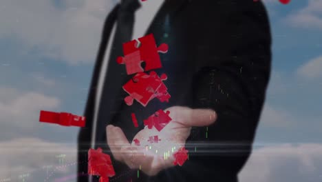 animación de un empresario caucásico sobre rompecabezas y procesamiento de datos