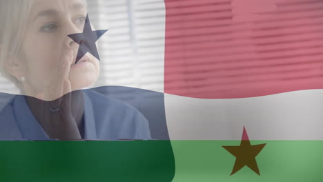 looking through window, woman with flag animation overlay in background