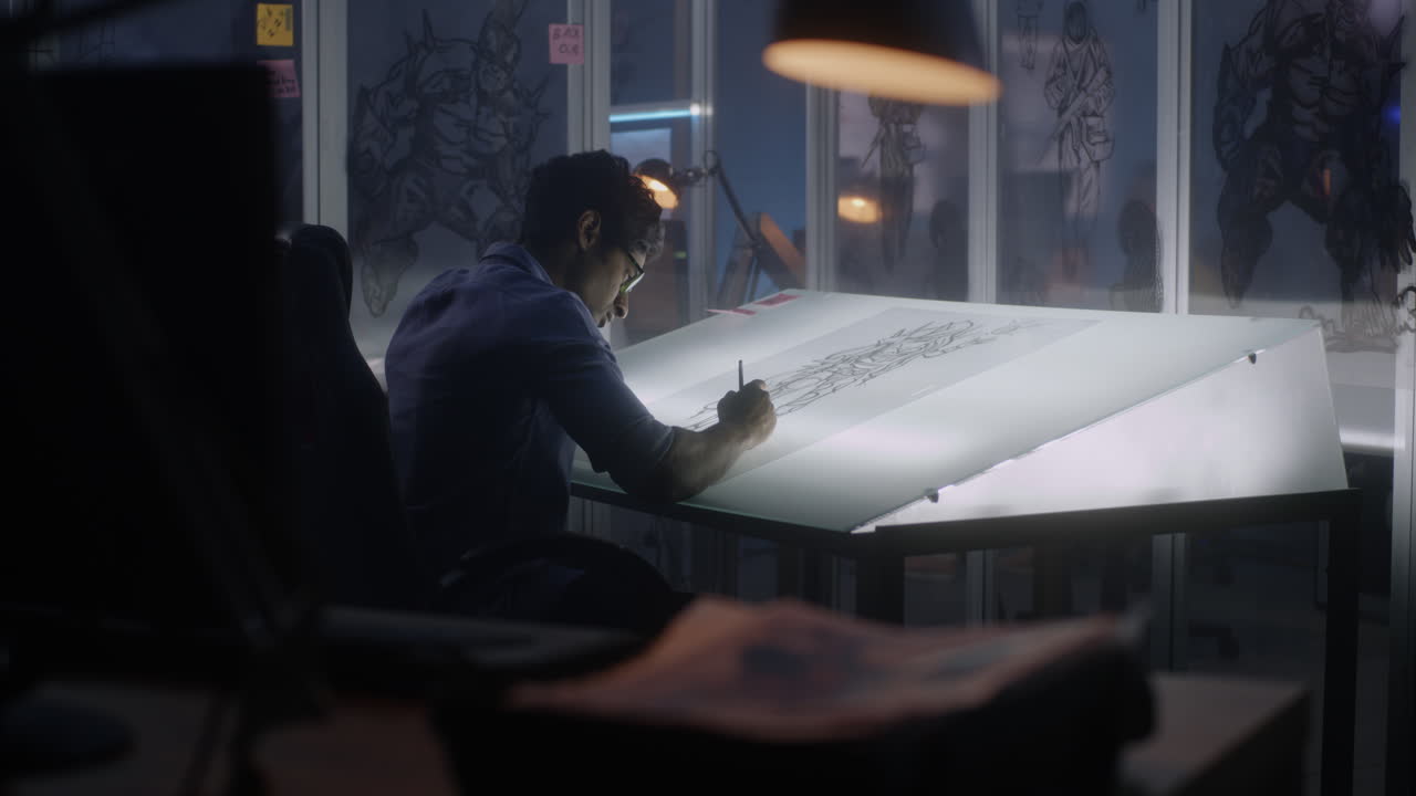 Artist working on comic book character illustration at a drawing table in a dark studio