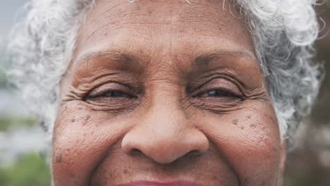 retrato de una mujer afroamericana de edad avanzada sonriente, espacio de copia, cámara lenta