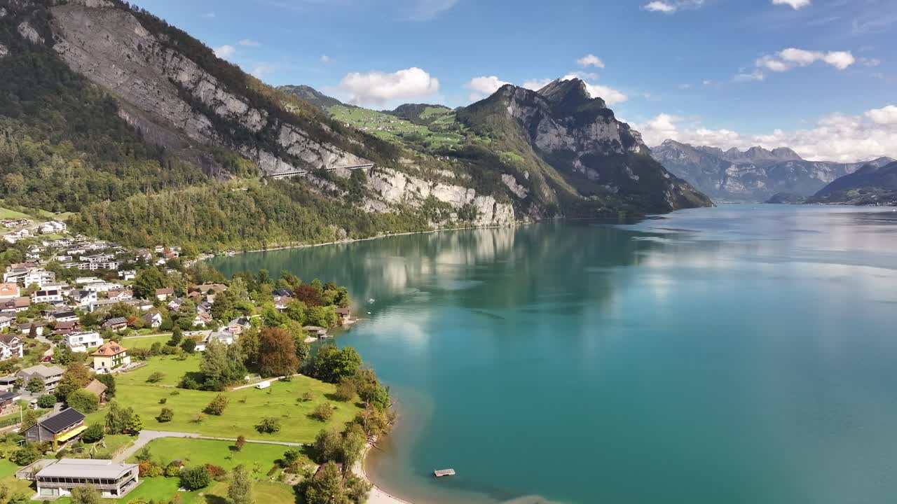 Aerial drone close view Lake view of Walensee, Wessen, Amden, Quinten, Mols, Walenstadt, Schweiz