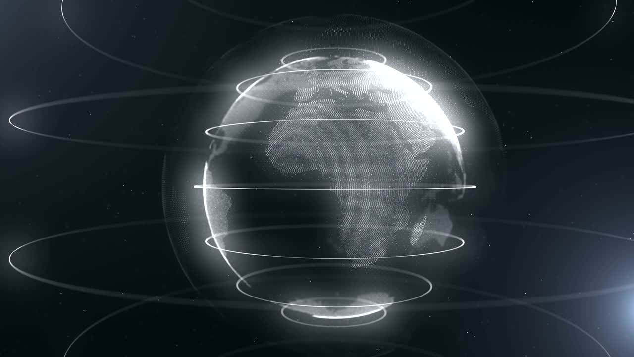 White abstract sphere. Connected white dots with lines. Globalization interface. Planet is looping in the centre. Close up. Moving blicks. Fumed background. 4K.