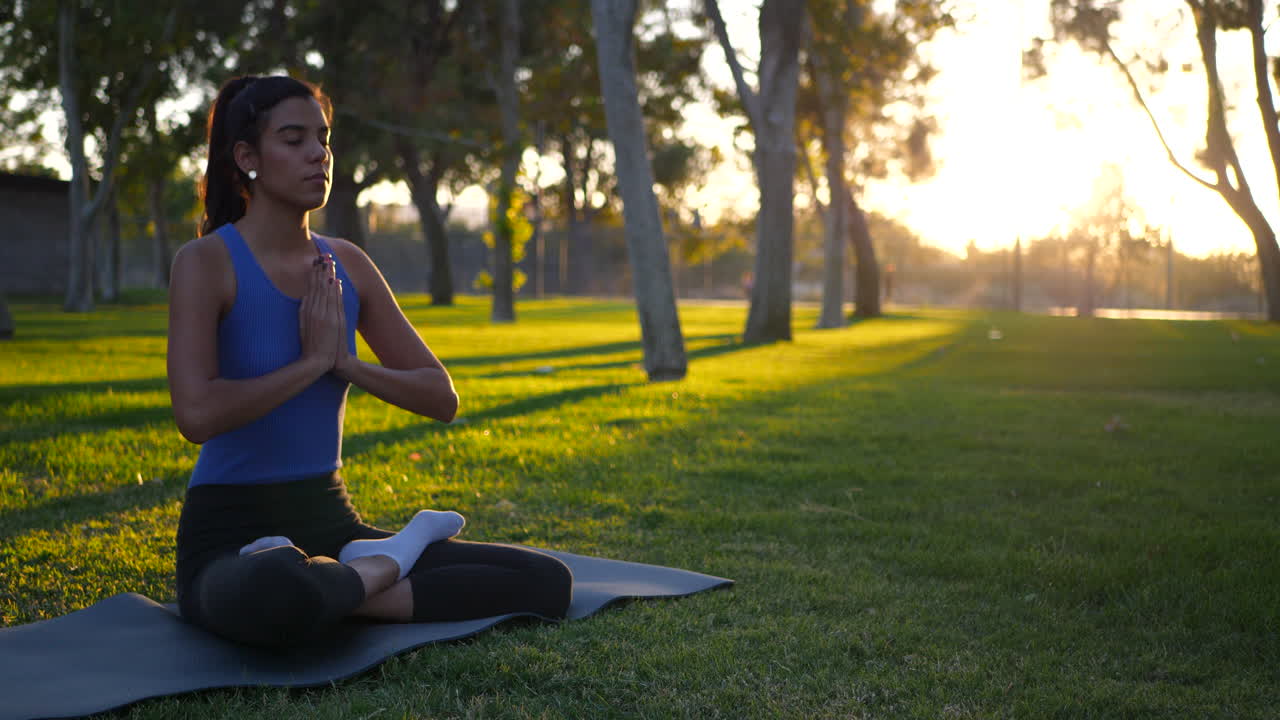 hermosa mujer joven en posición de loto sentada en su alfombra de yoga meditando en el parque al amanecer