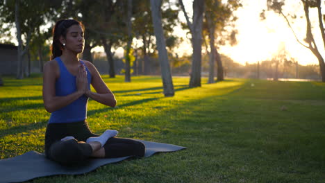 Beautiful-young-woman-in-lotus-sitting-position-on-her-yoga-mat-meditating-in-the-park-at-sunrise