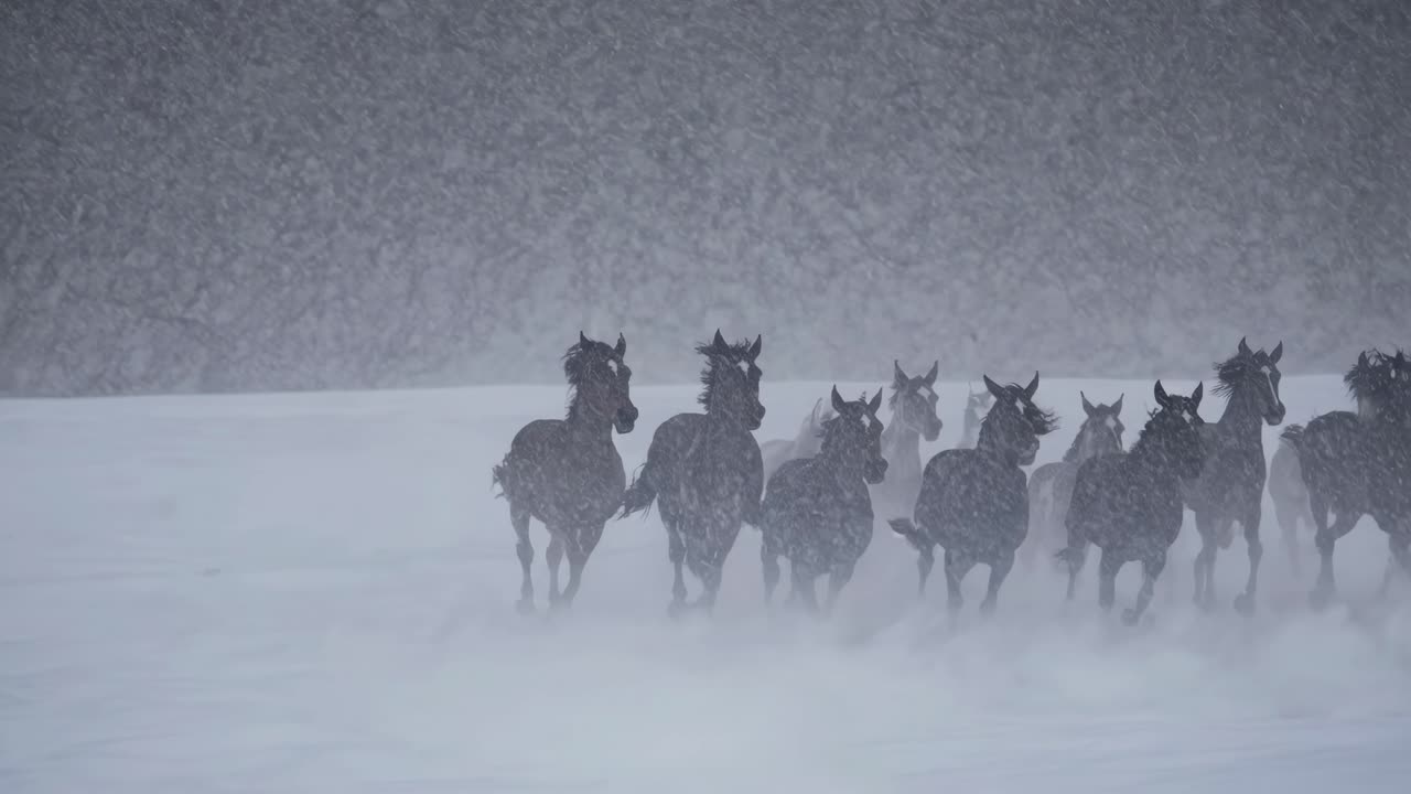 Dynamic video still of wild horses galloping through snow, captured from a low angle