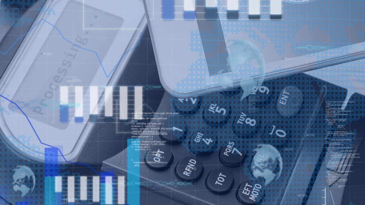 animación del procesamiento de datos estadísticos contra el teléfono inteligente haciendo un pago a través de la tecnología nfc