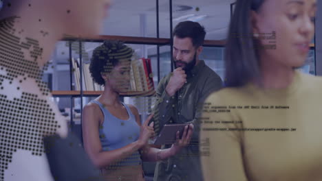 Collaborating in office, diverse team using animation and digital code overlay
