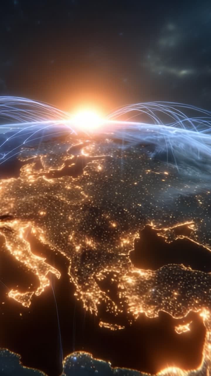 Terra illuminata nello spazio: una vista mozzafiato di Europa e Asia con connessioni di rete che rappresentano comunicazione e connettività globali all'alba.