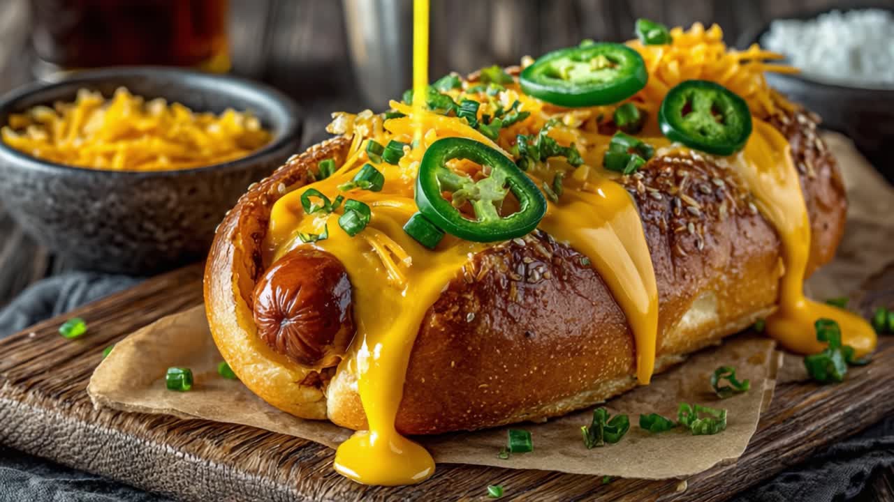 Hot dog gourmet irresistibile, carico di formaggio Cheddar, jalapeños e cipollotti freschi, perfetto per uno spuntino gustoso o un pasto veloce.