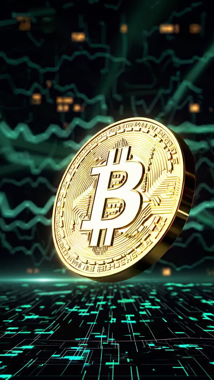 Dynamic video concept of a golden Bitcoin hovering over a digital grid, captured from a low-angle
