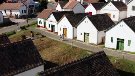 wine cellars in a row in southern hungary in palkonya village - aerial drone shot