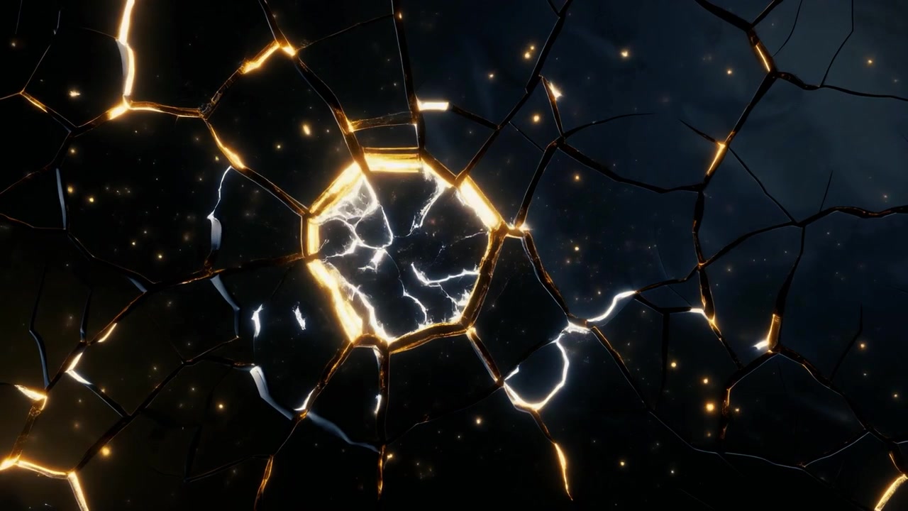 Sfondo astratto di crepe dorate luminose su superficie scura