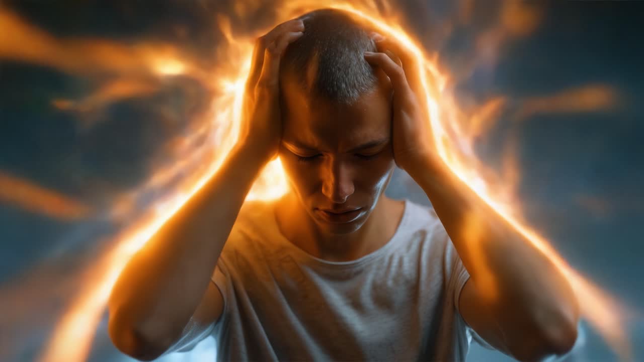 Seorang Pria Muda Berjuang dengan Gejolak Batin yang Digambarkan melalui Efek Cahaya Surealis, Melambangkan Emosi Intens dan Konflik Mental dalam Pengaturan Visual yang Dinamis