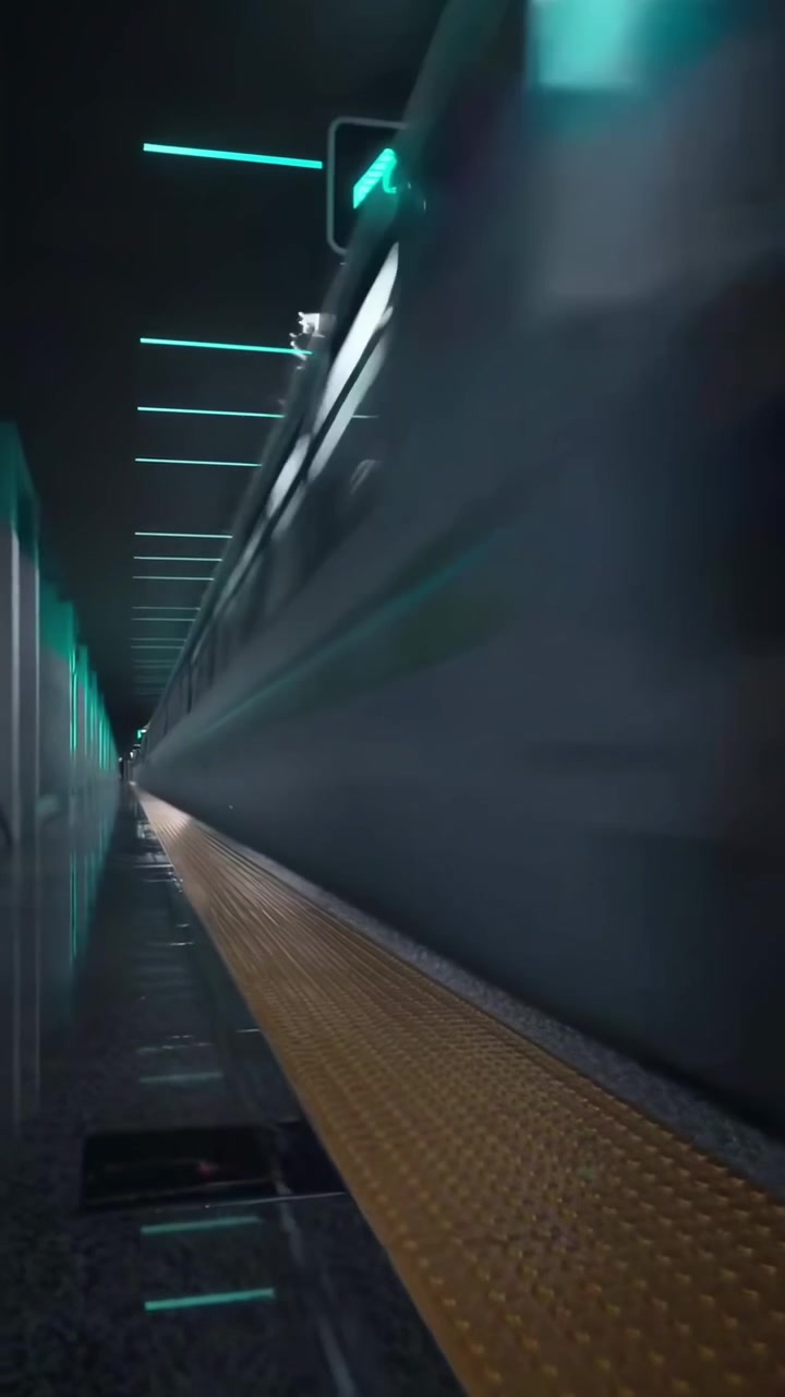 Treno della metropolitana high-tech che arriva e parte da una stazione illuminata al neon