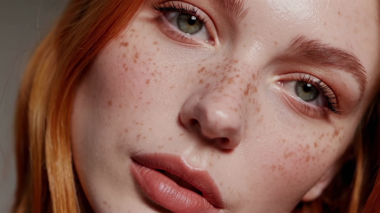 retrato en primer plano de una mujer con pecas y cabello rojo