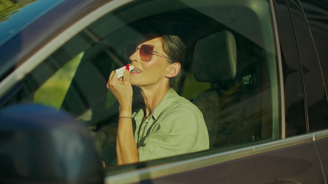 Woman applying lipstick in car