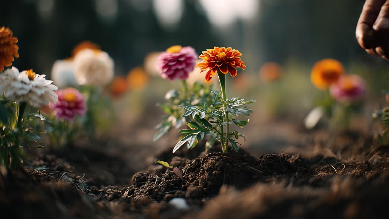 Indfanger essensen af havearbejde: Et nærbillede af en hånd, der plejer en blomst i fuldt flor midt i en farverig have.