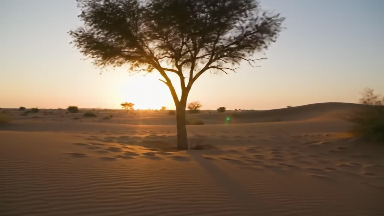 Explore the tranquil beauty of the desert at sunset where soft sand contours create a serene landscape. Footprints from previous travelers can be seen leading into the horizon.