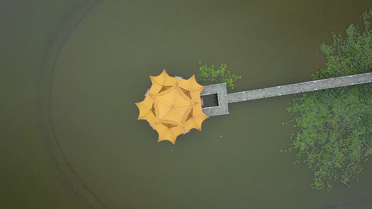 Top down view drone shot of Wuliting at Lotus Pond in Kaohsiung, Taiwan.