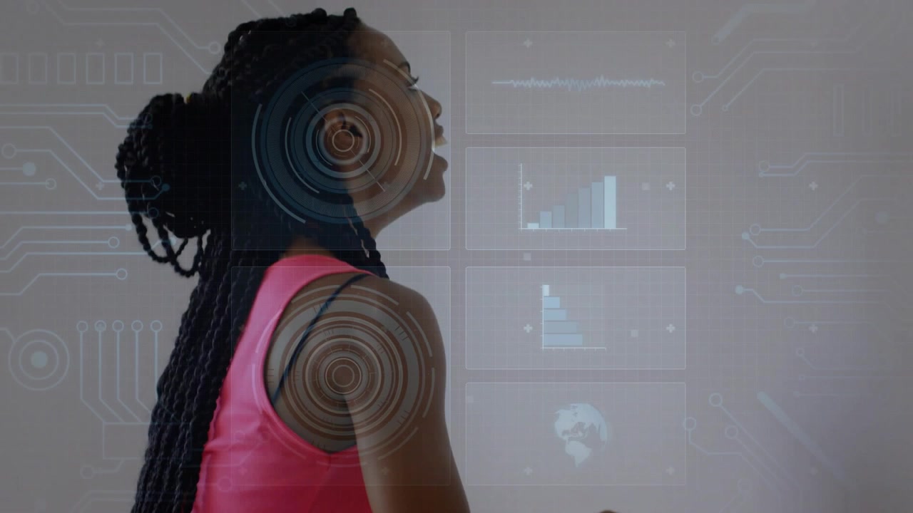 Starting head tilt, woman doing dance barre, gripping and aligning for form, HUD guiding alignment