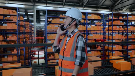 vista lateral de un ingeniero masculino asiático con casco de seguridad hablando en teléfono inteligente mientras está de pie en el almacén con estantes llenos de productos de entrega