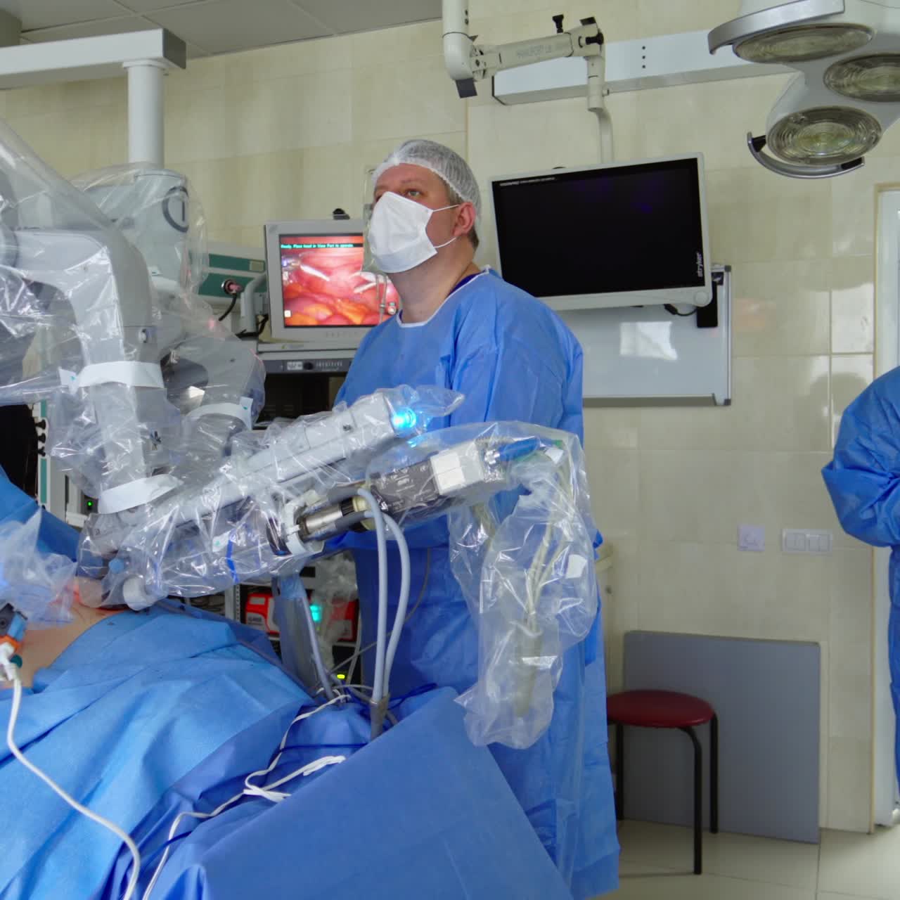 Smart precision healthcare technology. Surgery room with robotic surgery machine in hospital