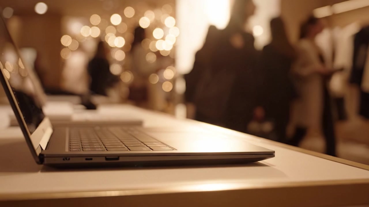 A sleek laptop rests on a stylish table in a softly lit space filled with ambient light and subtle reflections, creating a modern and elegant atmosphere.