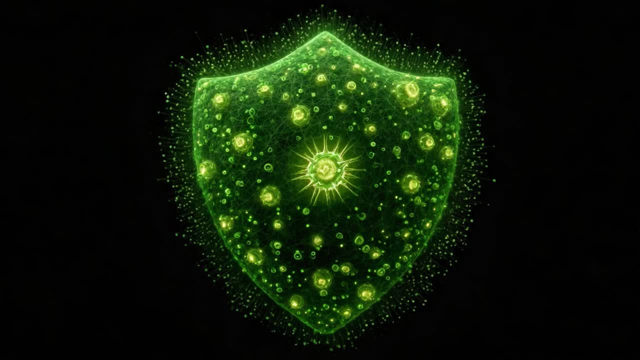 A Captivating Visualization of a Green Shield Emitting a Shimmering Glow, Surrounded by a Field of Energy Particles, Symbolizing Protection and Security