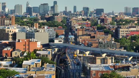 elevated train track system in downtown chicago, illinois