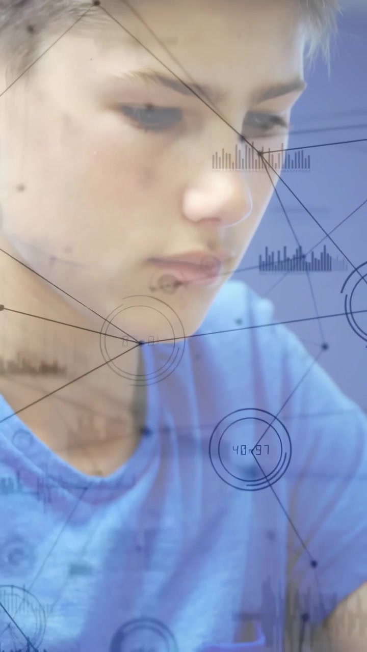 Vertical video: Teen studying, camera panning showing learning overlays on hands, sorting homework