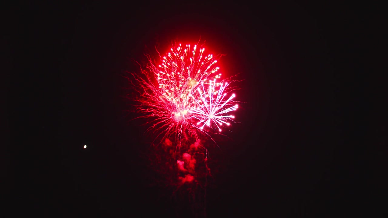 Brightly colored fireworks burst in the night sky over the city park as the crowd cheers. The vibrant display showcases various shapes and colors, creating a joyful atmosphere for all ages.