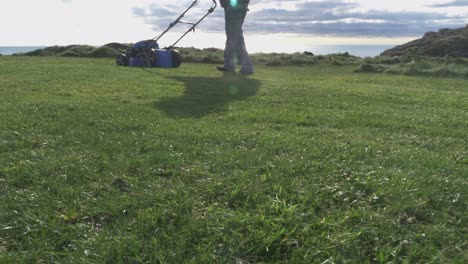 a man with a self-propelled trimmer cuts grass in a lawn near the sea-4