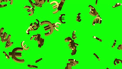 falling gold euro signs on a solid green screen background. 3d loop animation