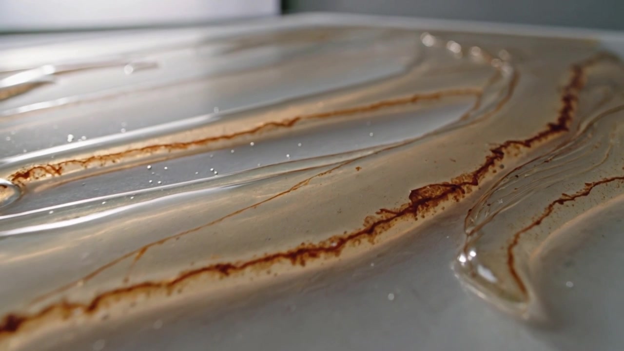 Tension causing viscous liquid ridges spreading on metal tray, filament branching, droplet settling