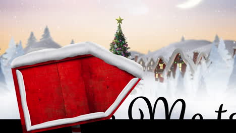 animation of christmas greetings text and red sign with copy space in winter scenery
