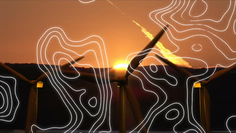 animación de líneas blancas del mapa sobre turbinas eólicas y puesta de sol