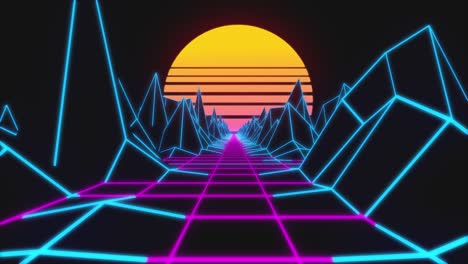 paisaje de horizonte de retroonda con luces de neón y terreno de bajo poli. animación de bucle de fondo retro de los años 80