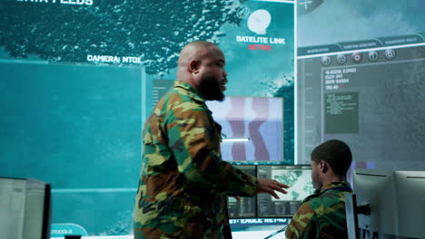 military team operating in a high tech command post control tower